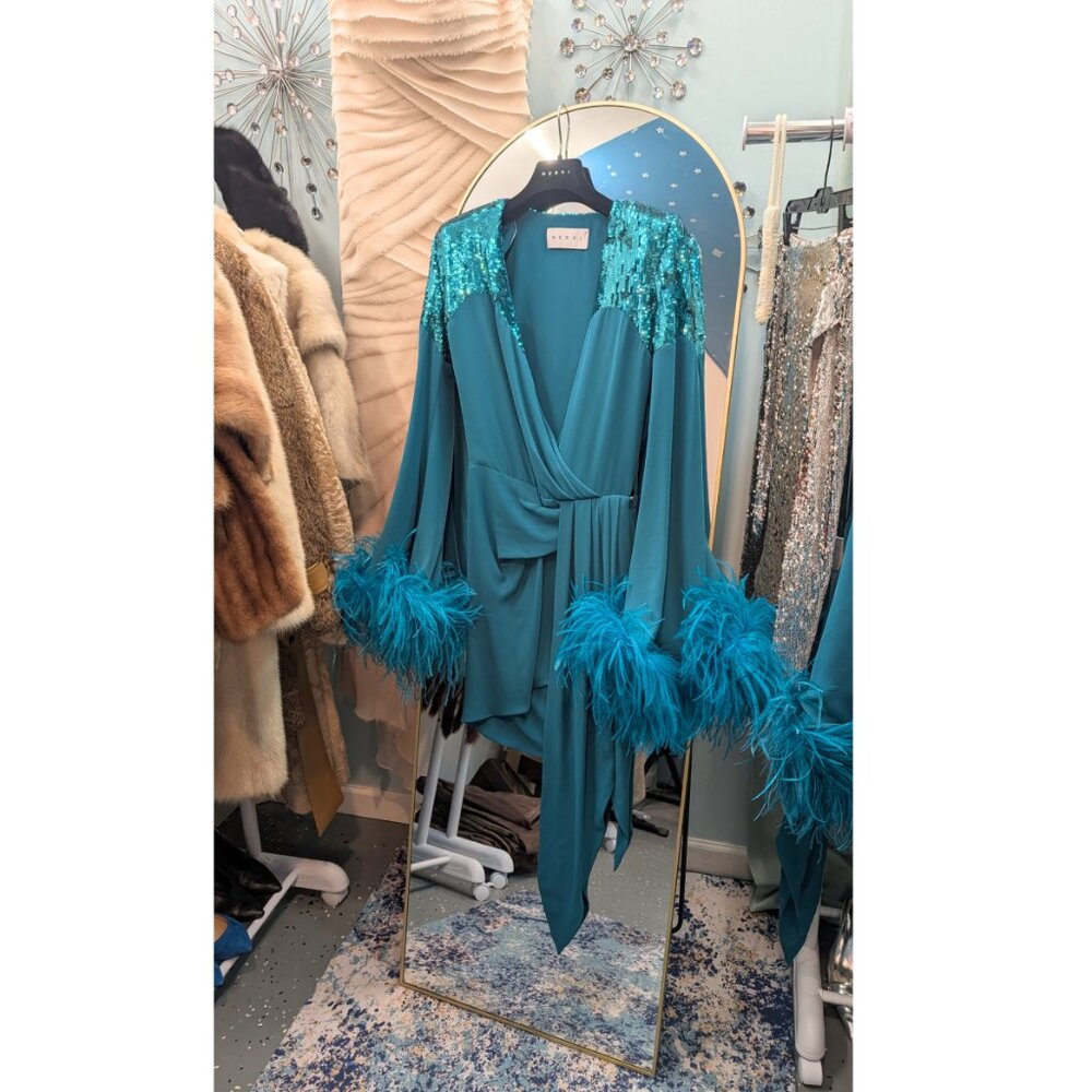 NWT Nervi Pami Teal Mini Dress with Sequin & Ostrich Feather Cuffs